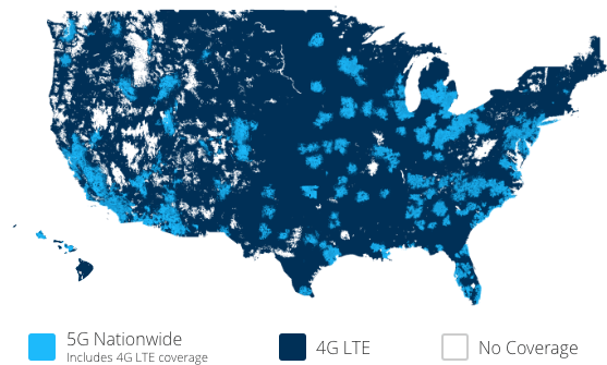 Blue American map showing places where 5G and 4G LTE is available