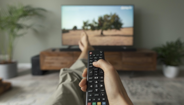 Hand pointing a remote at a TV that displays a nature scene