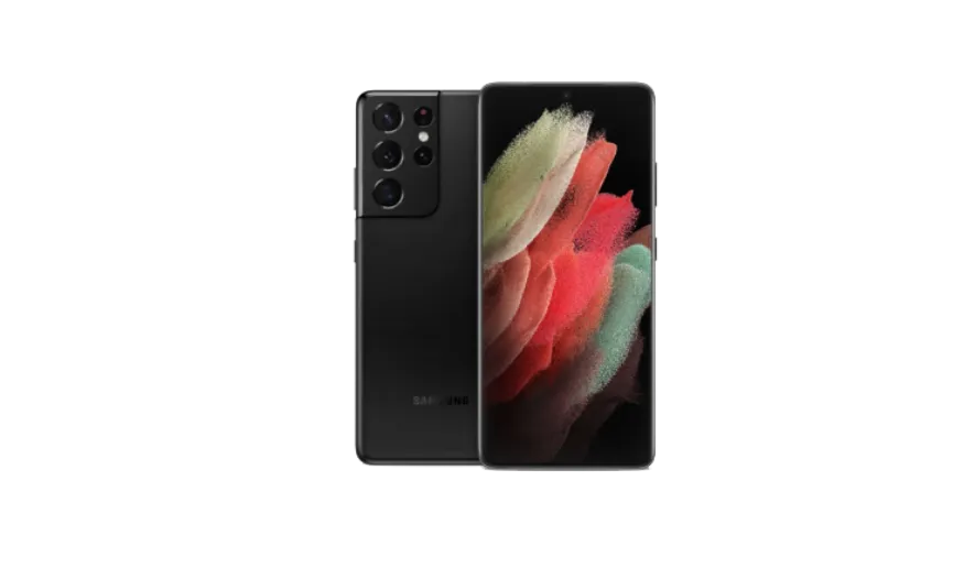 Front and back of a smartphone with one side featuring white, pink and blue streaks of paint