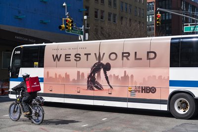 An image of a bus advertising the hit show on HBO Max, Westworld.