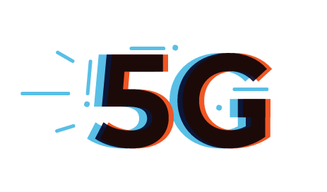 5G in bold, black letters outlined in orange and blue