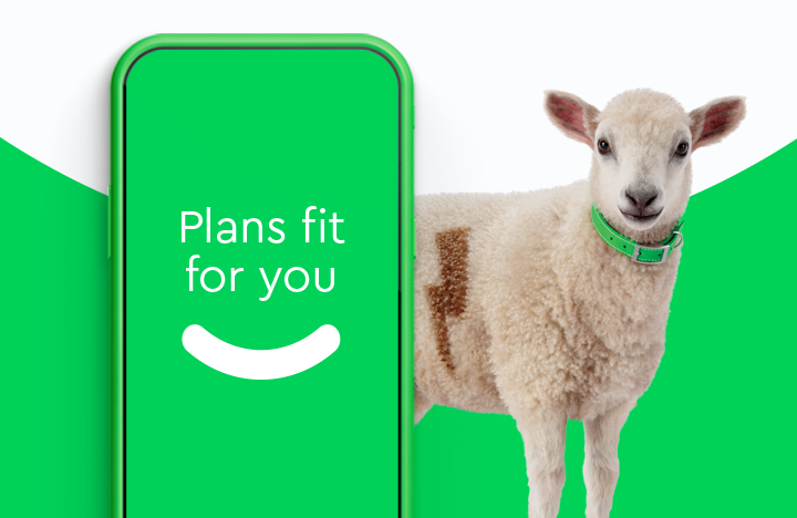 A lamb stands behind a green phone screen that says "plans fit for you"